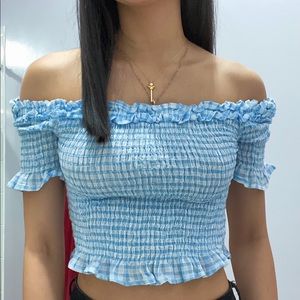 Cropped Blue Picnic Patterned Off The Shoulder Top